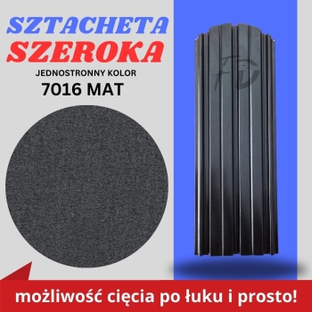Sztacheta ogrodzeniowa szeroka firmy GARD jednostronna powłoka mat kolor ciemny grafit zakończenie półokrągłe