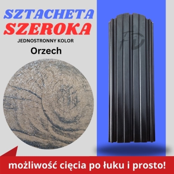 Sztacheta ogrodzeniowa szeroka firmy GARD jednostronna kolor drewnopodobny Orzech zakończenie półokrągłe