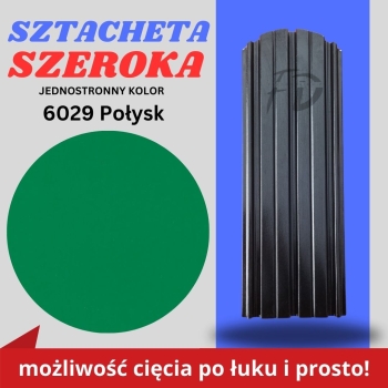 Sztacheta ogrodzeniowa szeroka firmy GARD jednostronna powłoka w połysku kolor zielony jasny zakończenie półokrągłe