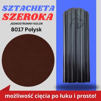 Sztacheta ogrodzeniowa szeroka firmy GARD jednostronna powłoka w połysku kolor brązowy zakończenie półokrągłe