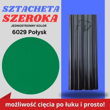 Sztacheta ogrodzeniowa szeroka firmy GARD jednostronna powłoka w połysku kolor jasny zielony zakończenie proste