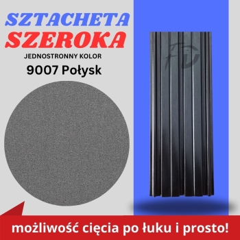 Sztacheta ogrodzeniowa szeroka firmy GARD jednostronna powłoka w połysku kolor stalowy metalik zakończenie proste